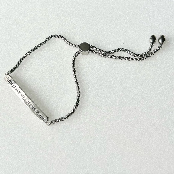 SLIDER ID Type Bracelet With Brave Wings She Flies Quote up to 10” Silver Tone - Picture 2 of 5